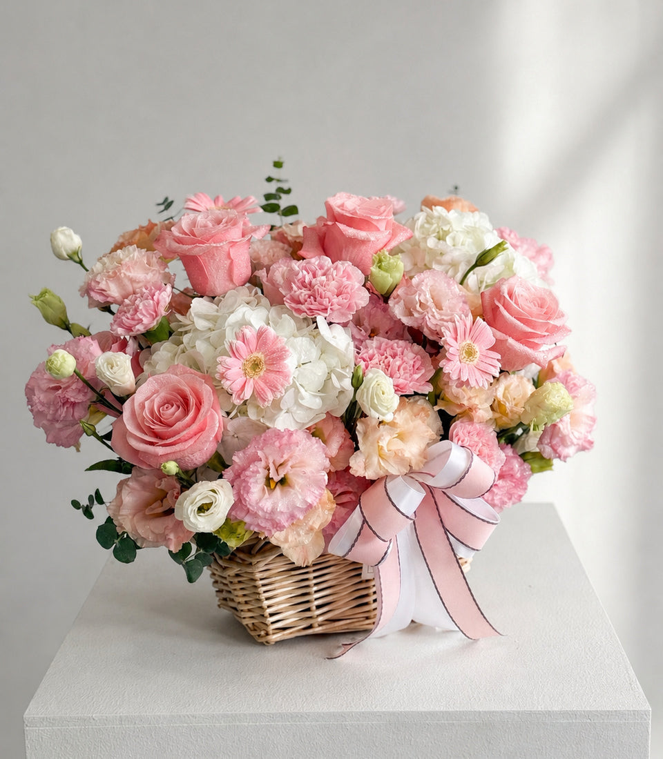 Blushing Bee Sweet Rose & Hydrangea Basket