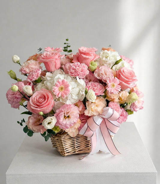 Basketeer luxury floral gift basket with soft pink roses, white