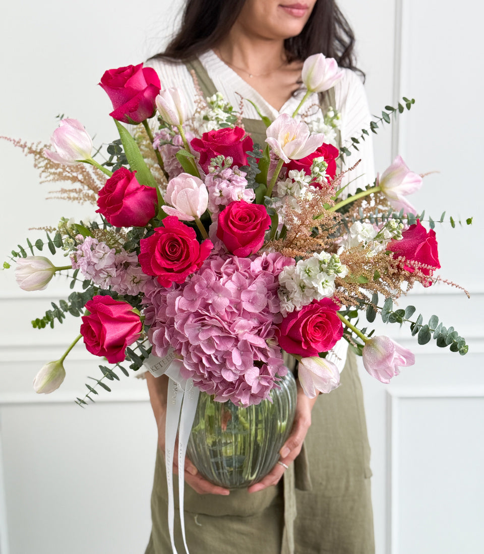 Pink Symphony Rose, Tulip & Hydrangea Vase Arrangement