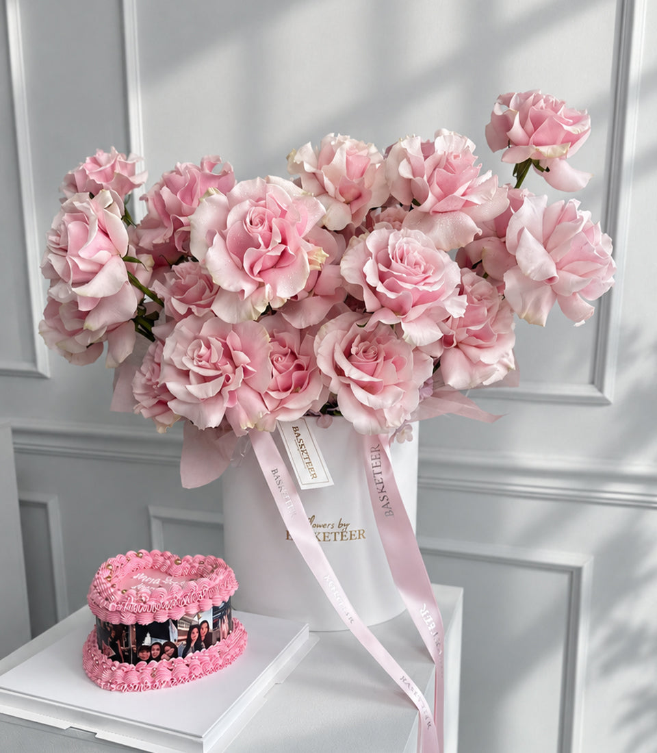 Grand Pink Mondial Rose & Pink Heart Custom Photo Birthday Cake Gift Set