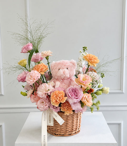 Blushing Bear Pink O'Hara Rose Flower Basket