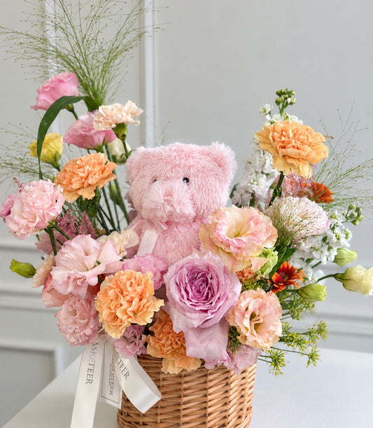 Blushing Bear Pink O'Hara Rose Flower Basket