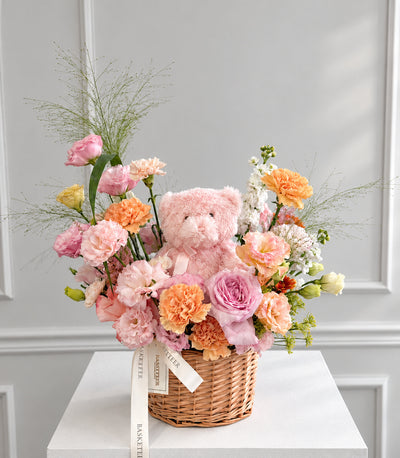 Blushing Bear Pink O'Hara Rose Flower Basket
