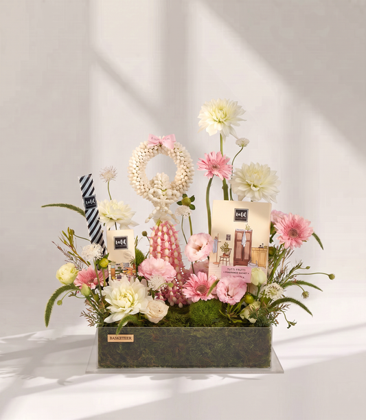 Basketeer luxury aroma garden gift with a traditional jasmine garland, pink & white