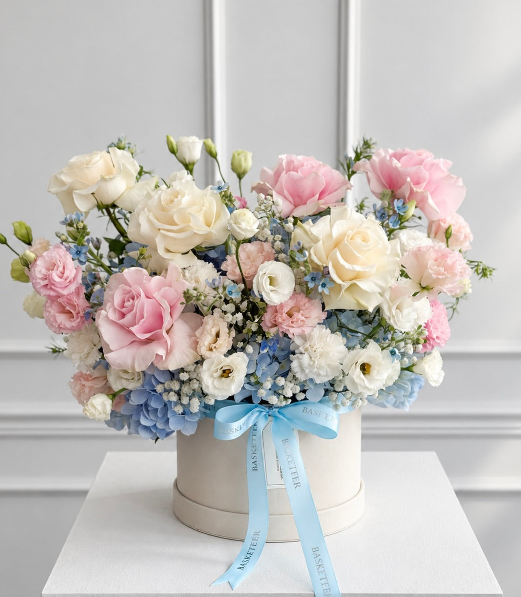 Pastel Pink & White Rose Blue Hydrangea Flower Box