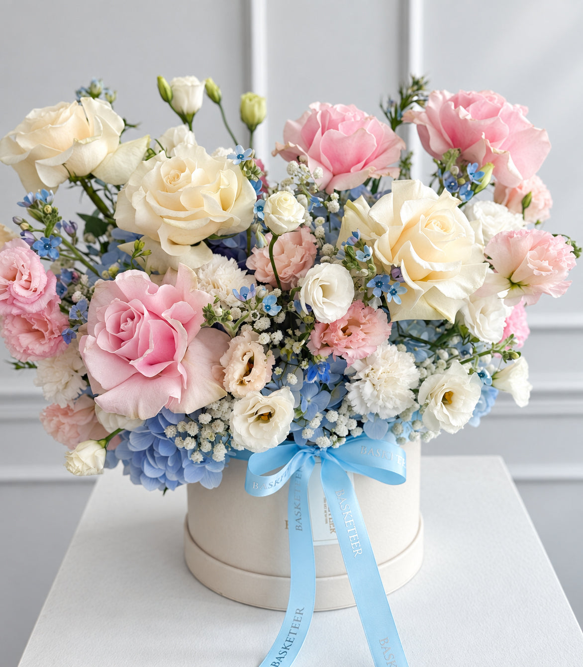Pastel Pink & White Rose Blue Hydrangea Flower Box