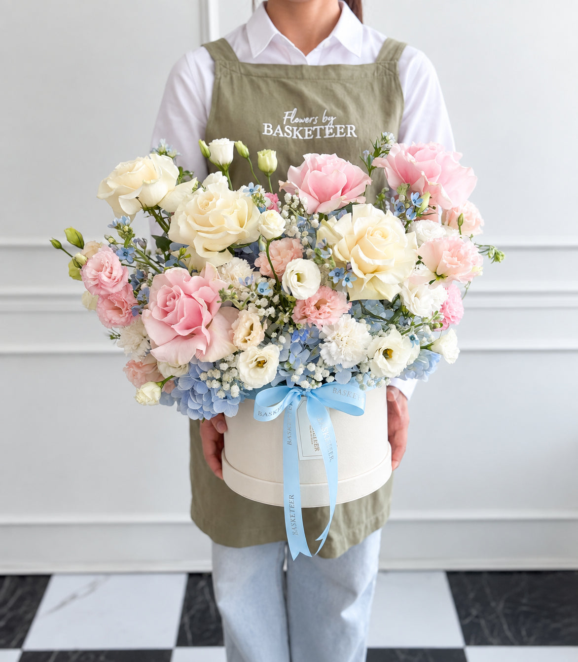 Pastel Pink & White Rose Blue Hydrangea Flower Box