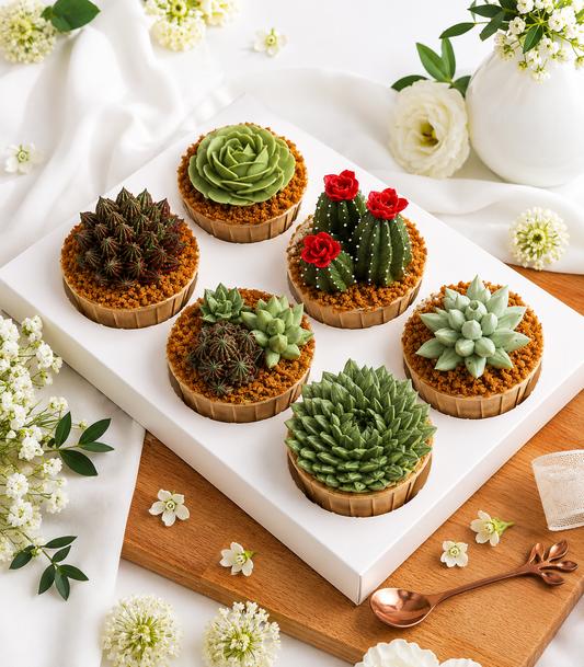 Charlotte Bakery's artisan Cactus Garden Cupcakes, each a unique buttercream succulent