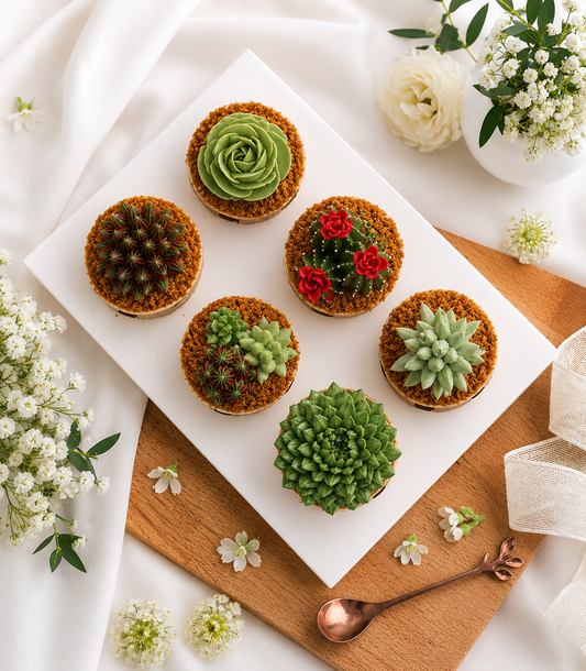 Charlotte Bakery's artisan custom cake order of six round cactus garden cupcakes, featuring
