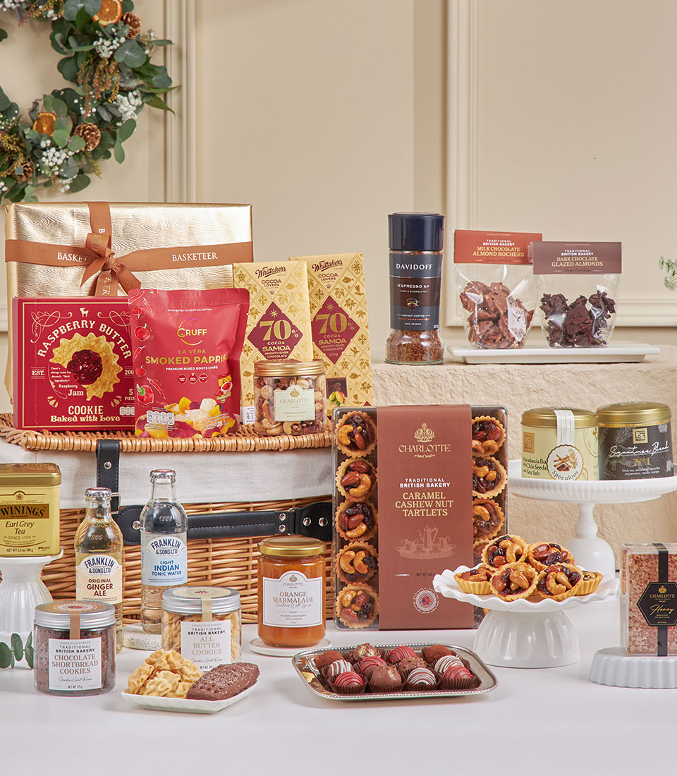 Grand Festive Dessert & Tea Table gift basket with gourmet chocolates, cookies, nuts, coffee, and Earl Grey tea for New Year