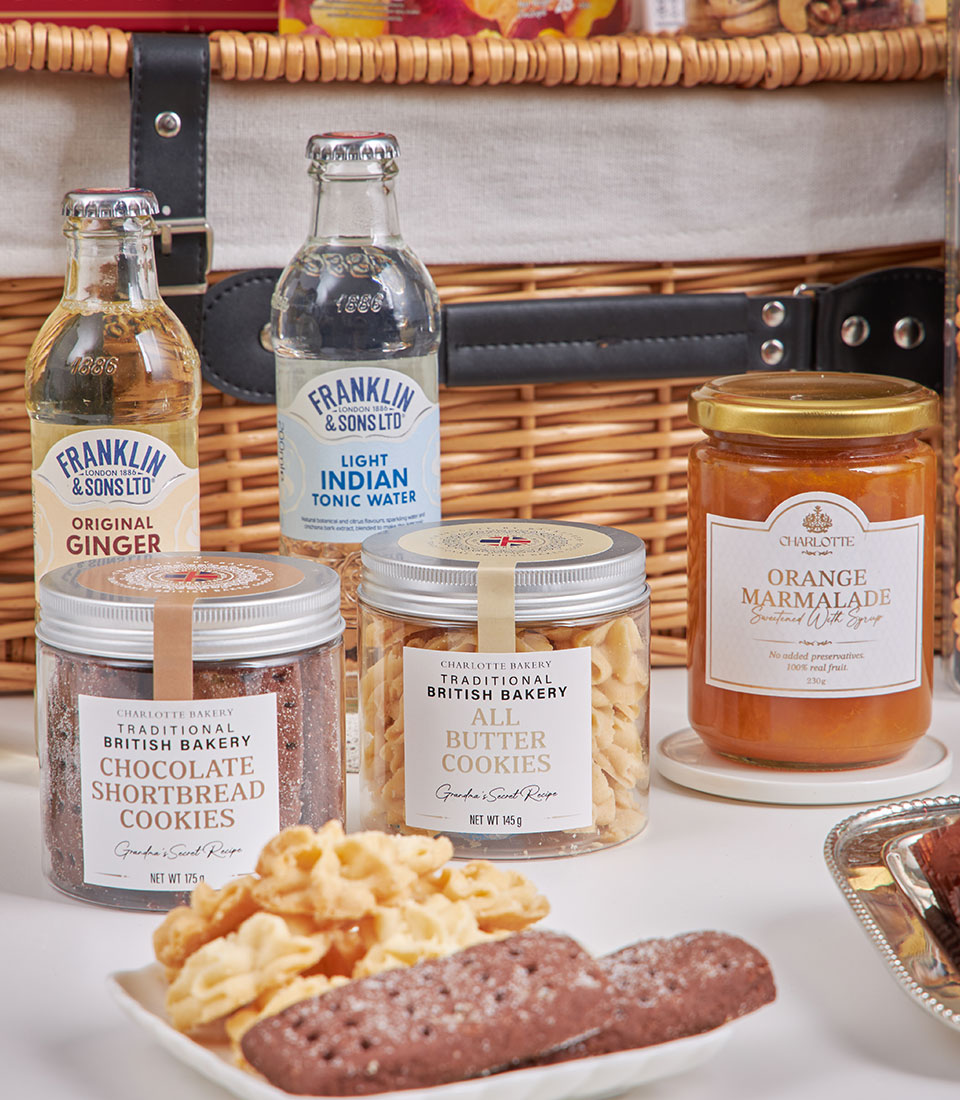 Grand Festive Dessert & Tea gift basket with Charlotte Bakery shortbread, butter cookies, orange marmalade, and premium