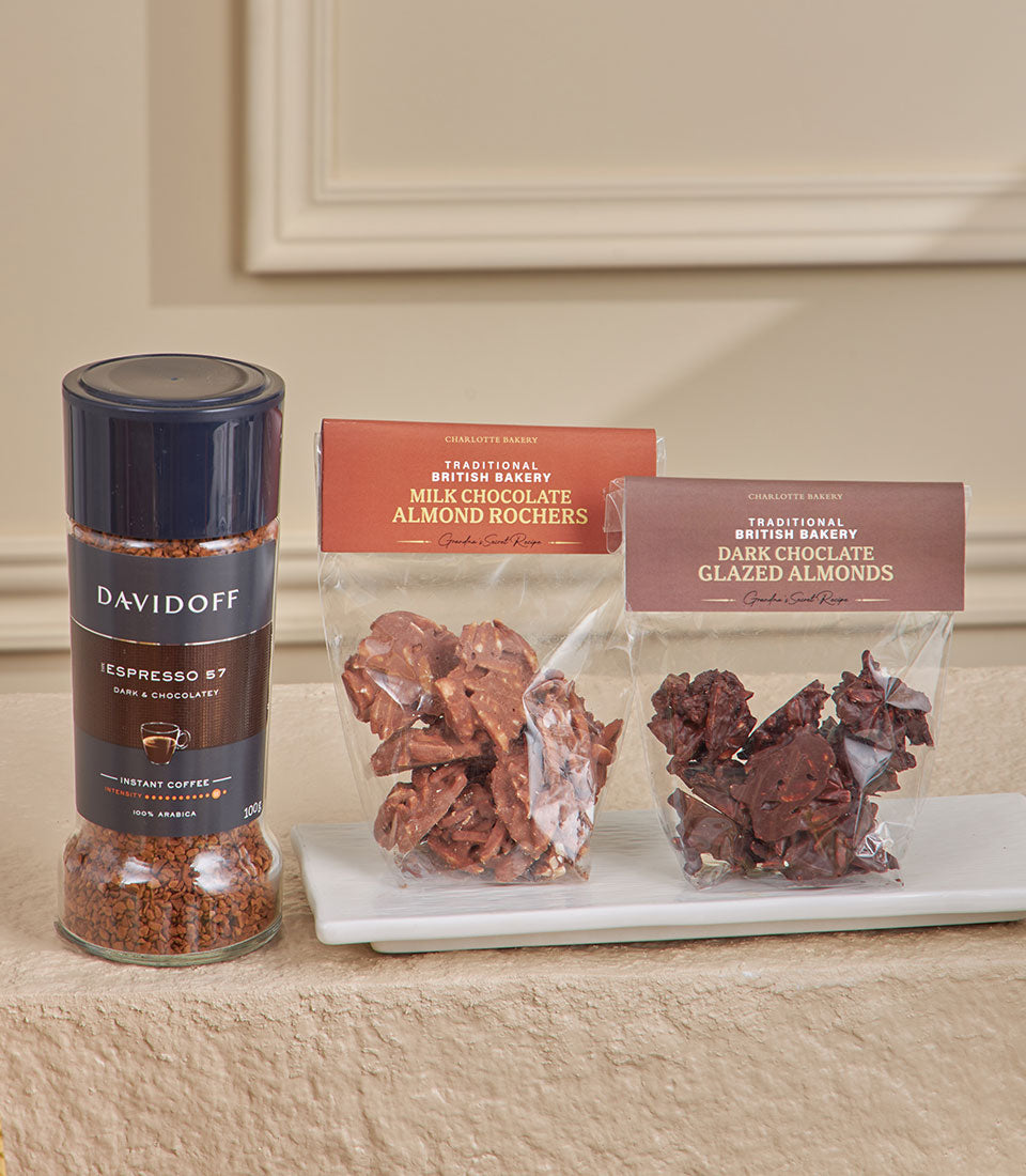 Grand Festive Dessert & Tea Table gift basket with Davidoff coffee, almond rochers, and dark chocolate almonds on white tray