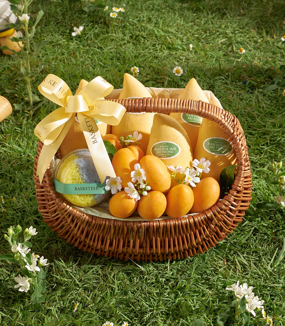 Premium Mango and Mayongchid gift basket with sticky rice, artisan wicker hamper by Basketeer