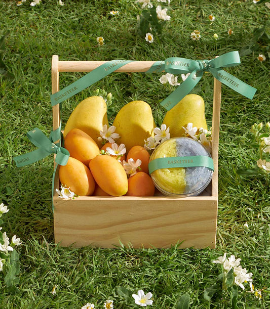 Premium wooden gift box with fresh mangoes, mayongchid orchids, and sticky rice delicacy