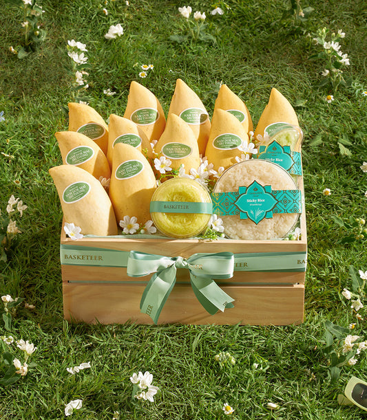 Premium Nam Dok Mai mango basket with sticky rice, artisan Thai gift hamper in wooden crate