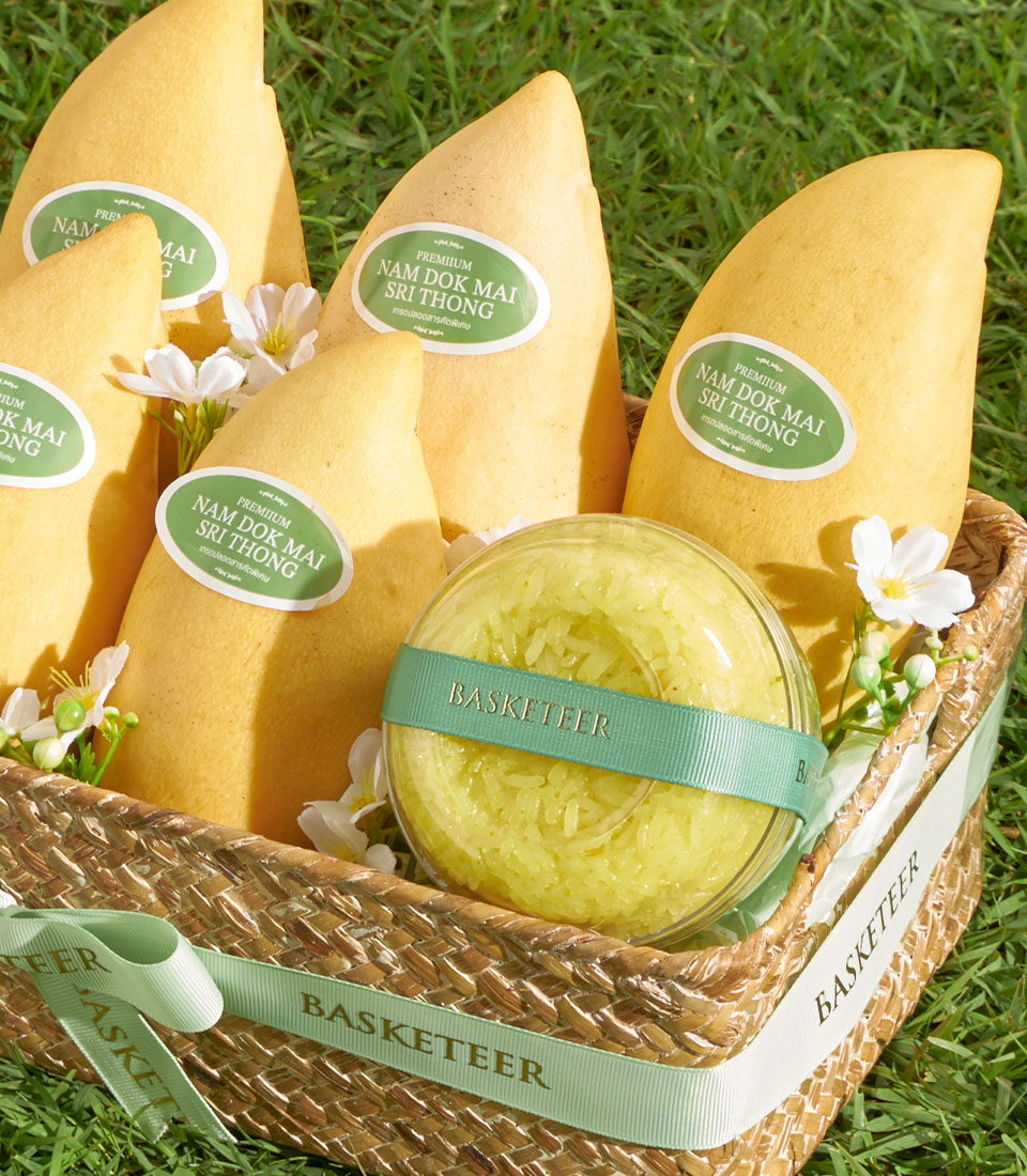 Premium Nam Dok Mai mango basket with sticky rice, natural woven hamper with green ribbon