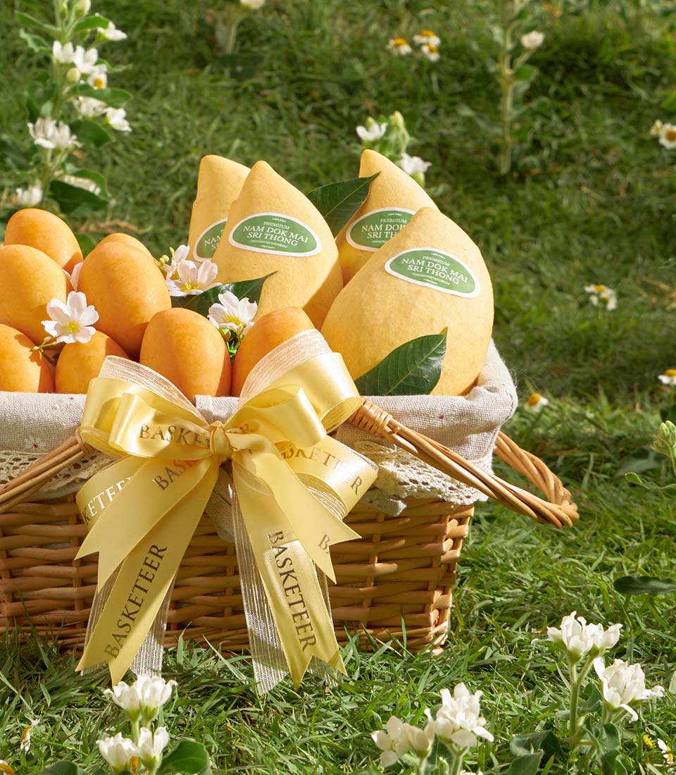 Premium Nam Dok Mai and Mayongchid mango gift basket with golden ribbon on green lawn