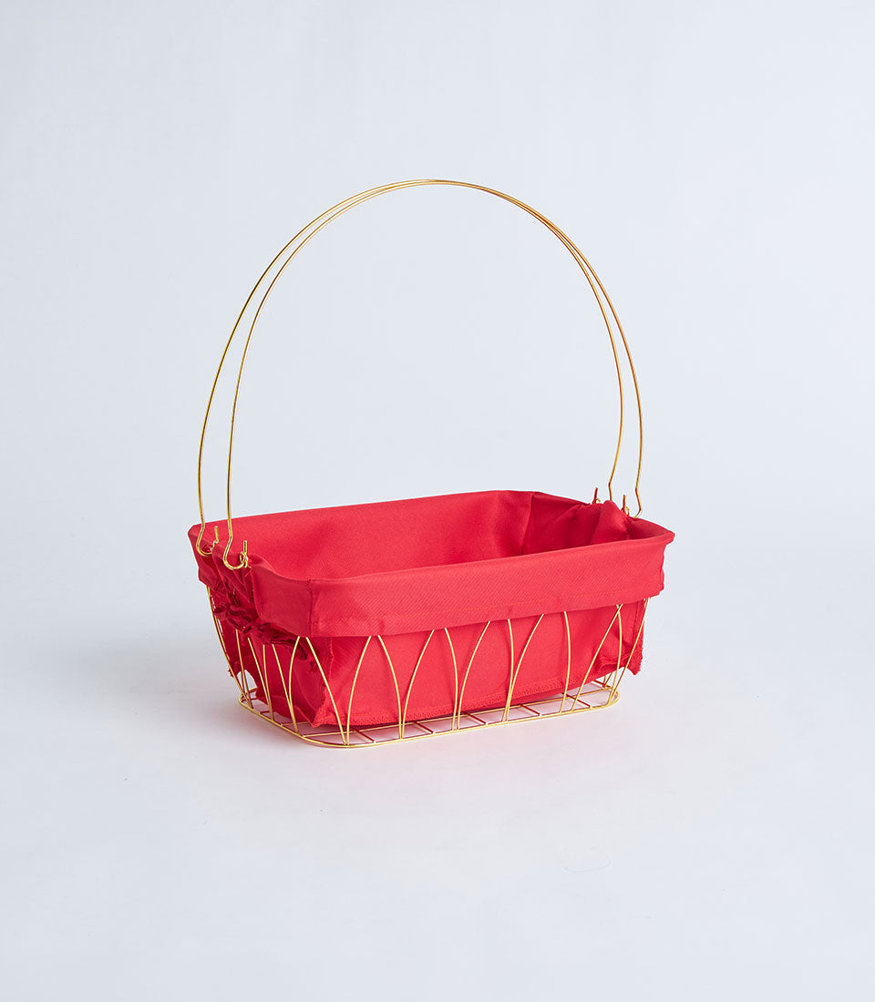 Gold metal frame basket with red fabric lining and dual handles, perfect for luxury gift presentations