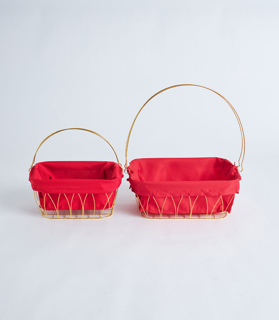 Gold metal frame gift baskets with red fabric lining in two sizes