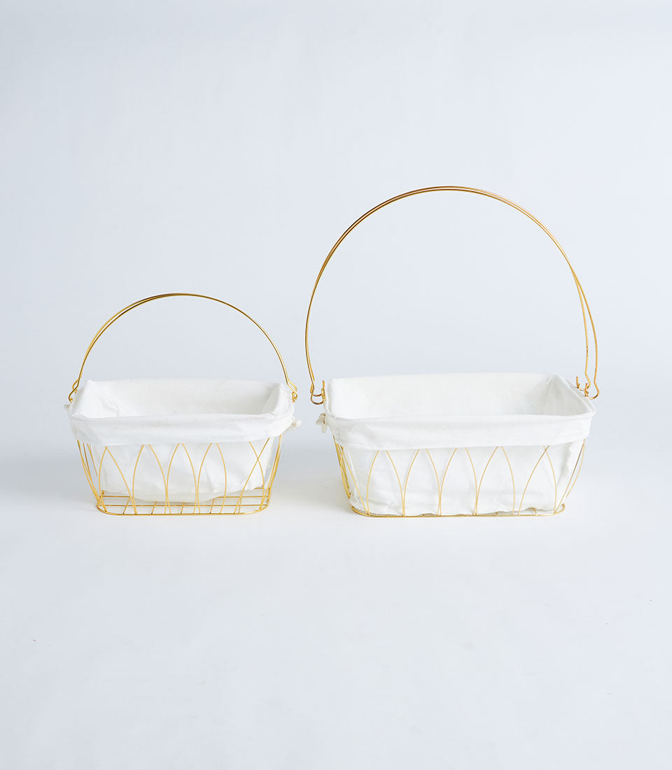 Gold wire baskets with white fabric liners and curved handles, small and large sizes