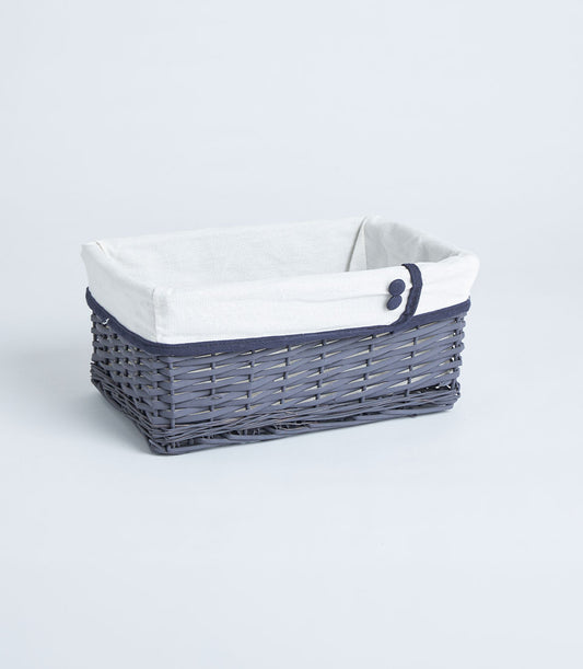 Basketeer's charming grey wicker basket, lined with premium cream linen