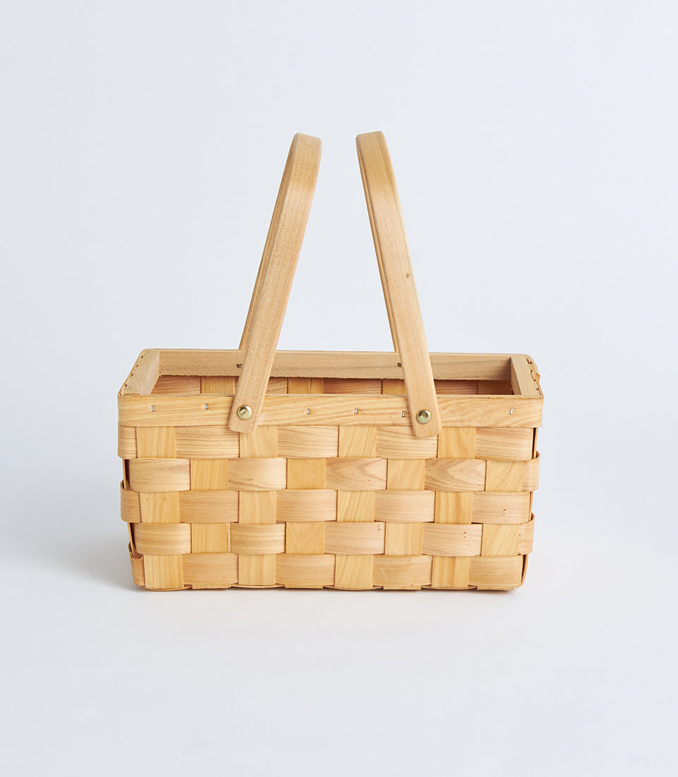 Natural woven bamboo rectangle basket with dual wood handles for gifting