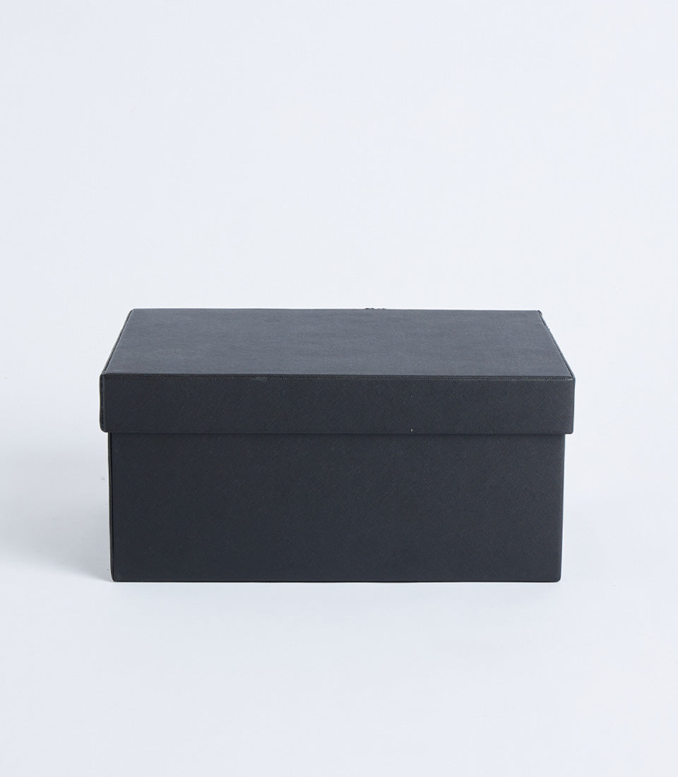 Black leather storage box with fitted lid, luxury gift packaging