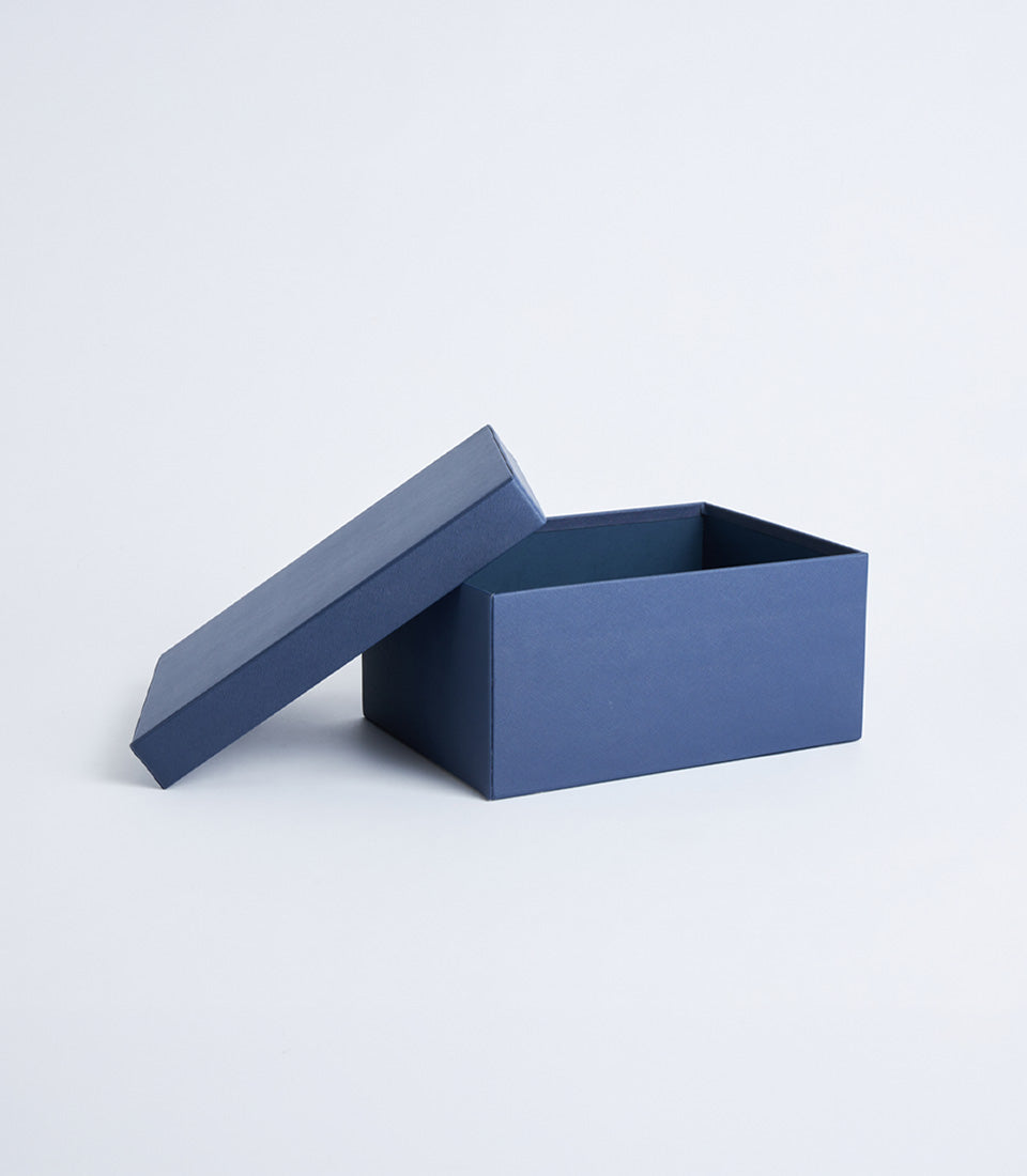 Navy leather storage box with lid, luxury gift packaging for premium hampers