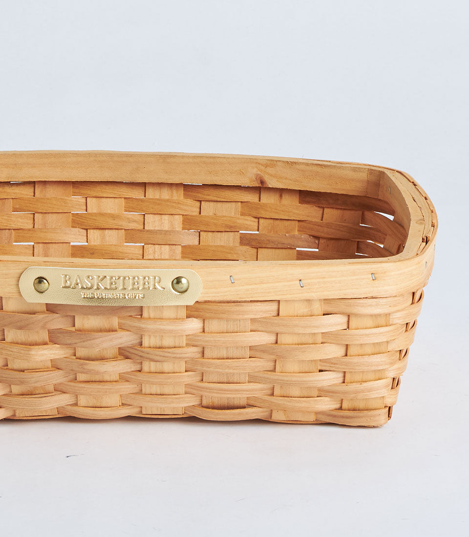 Natural bamboo oval woven tray basket with leather Basketeer tag
