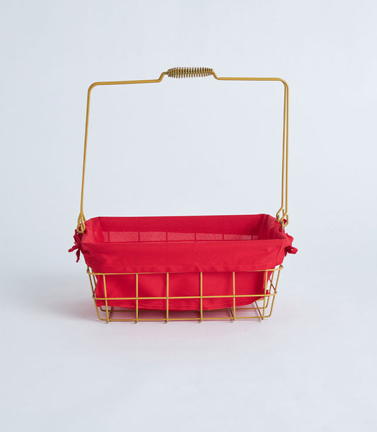 Gold wire basket with red fabric lining and arched handle, ideal for luxury gift hampers and premium presents