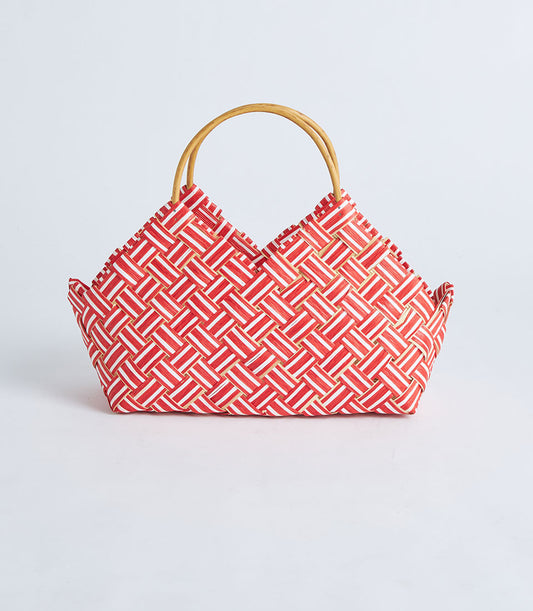 Red and white woven gift basket with curved handles and checkered pattern design