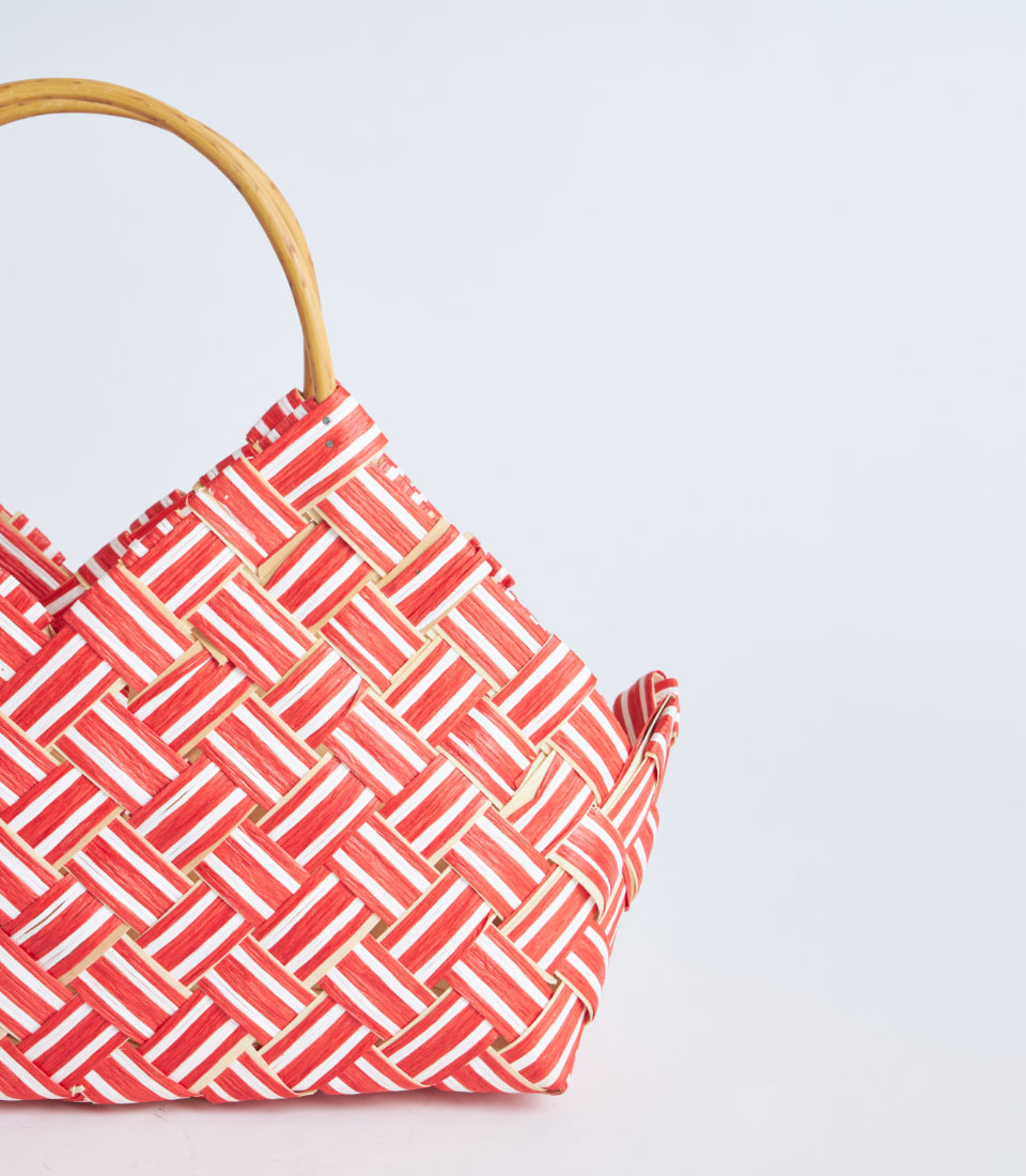 Red and white striped woven basket with wooden handle for premium gift packaging