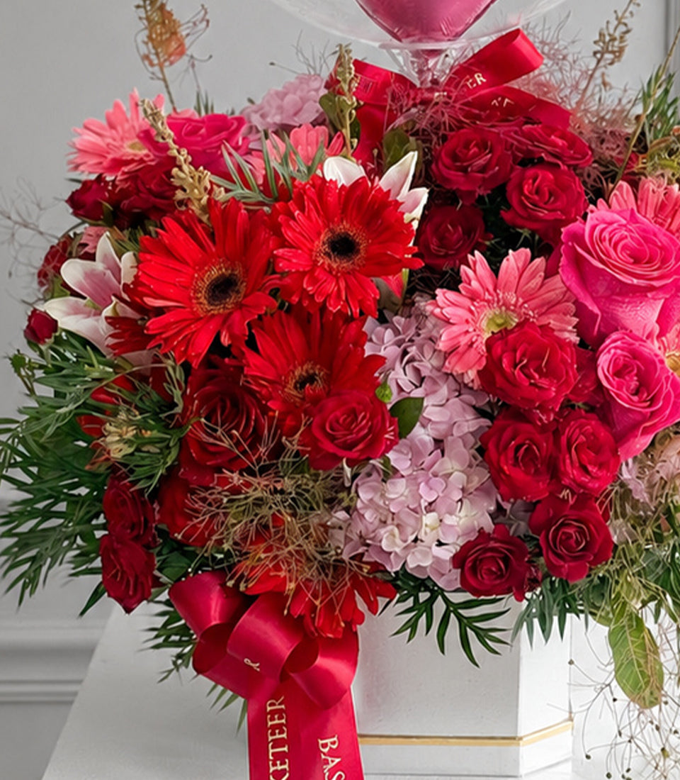 Romantic Red & Pink Rose Balloon Flower Box