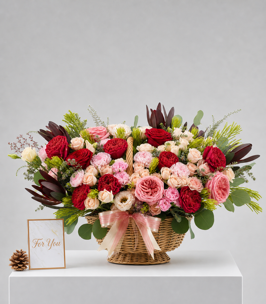 A luxurious flower basket arrangement from Flowers by Basketeer, featuring vibrant