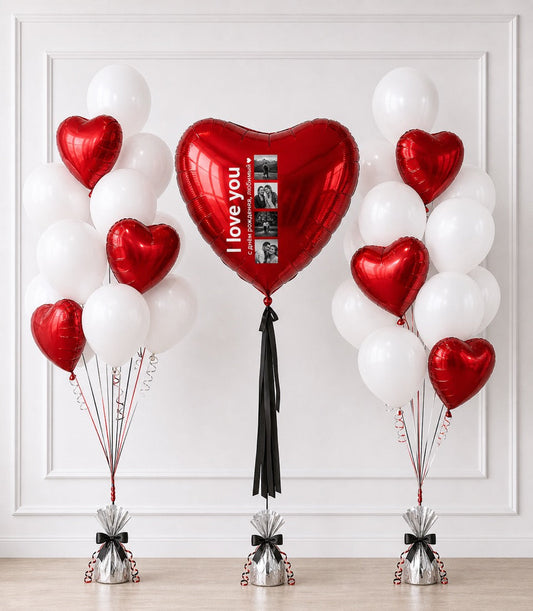 Red and white heart-shaped balloons with "I love you" message balloon and photo strip, elegant Valentine's Day decoration set.