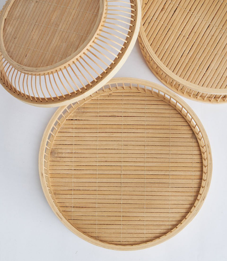 Natural bamboo two-tier display basket with handles, light wood artisan craft gift