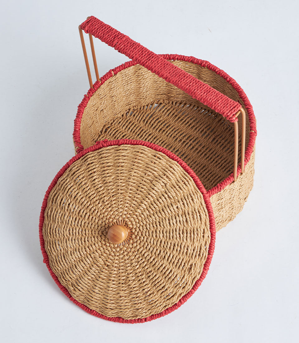 Natural woven basket with red trim handle and matching lidded top
