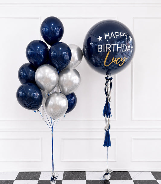 Basketeer's luxurious birthday gift with a large navy balloon featuring