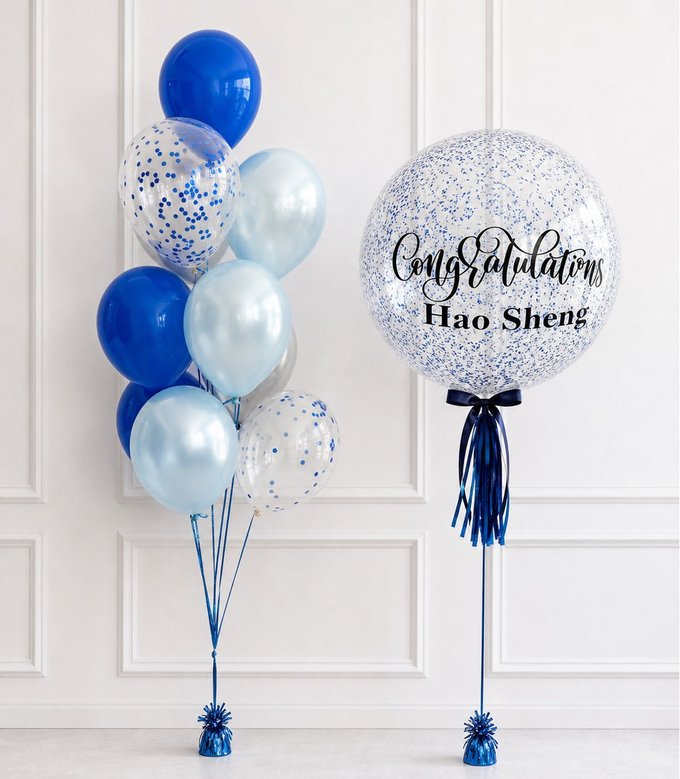 Blue and silver glitter balloons with "Congratulations Hao Sheng" text, featuring metallic pearl balloons and confetti-filled giant balloon with ribbon tassels.
