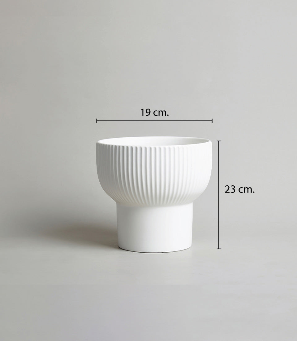 White ribbed ceramic planter, 23cm height, minimal modern design for orchids and plants