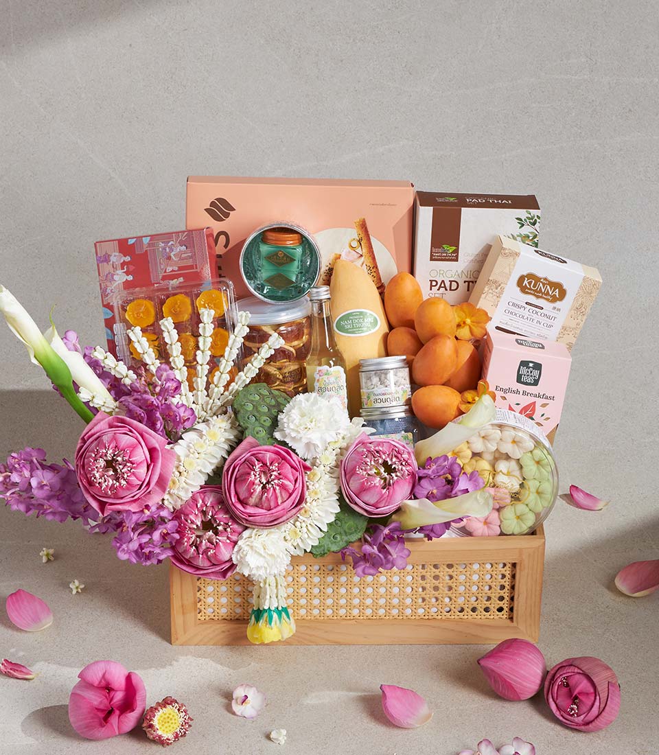 Thai lotus and orchid gift basket with organic pad thai, chocolates, tea, and dried fruits