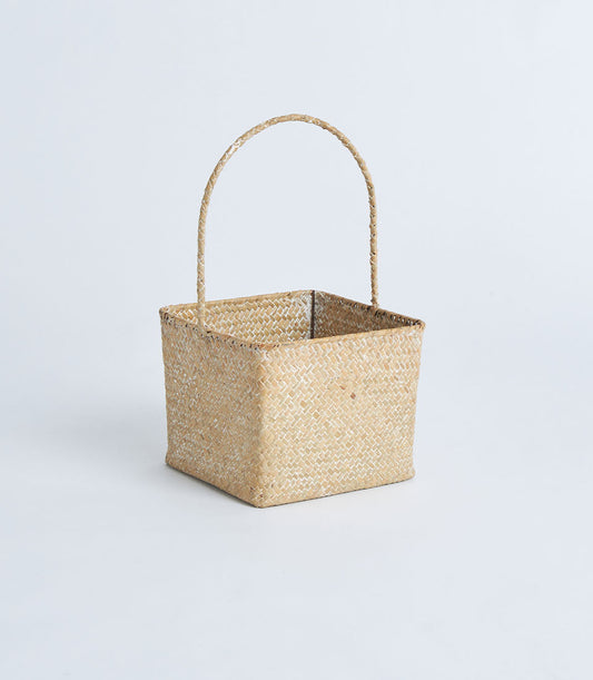Light natural woven square basket with braided handle, artisan handcrafted straw