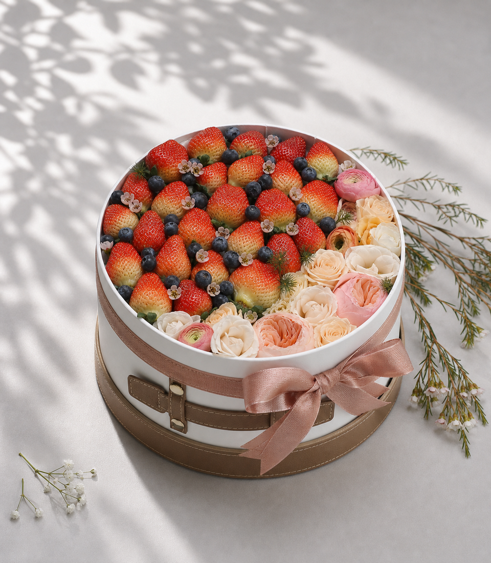 Basketeer's luxurious gift box filled with fresh strawberries, blueberries