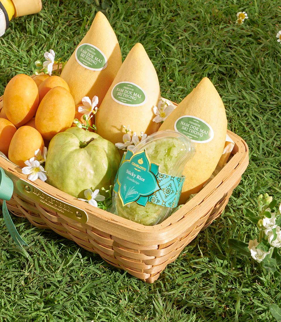 Premium mango and guava gift basket with sticky rice, woven wicker with teal ribbon