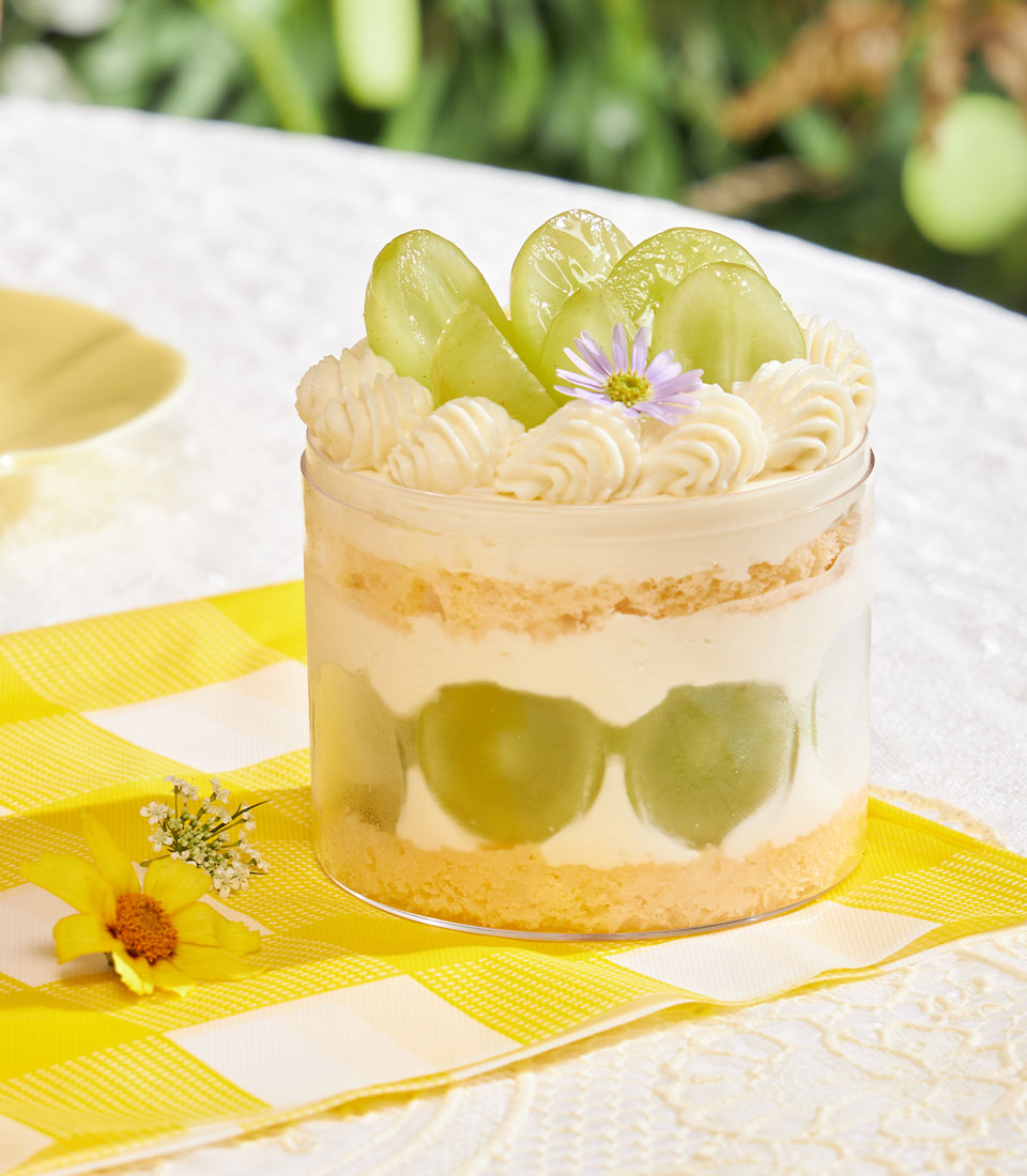 Layered chiffon cake with fresh cream and green grapes in clear container, artisan dessert gift