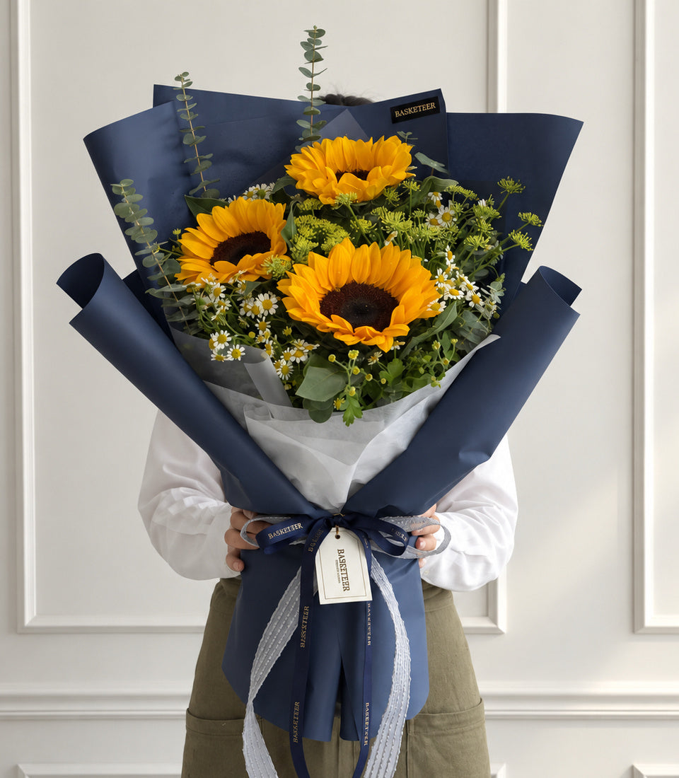 Sunny Smile Sunflower Bouquet in Navy Wrap