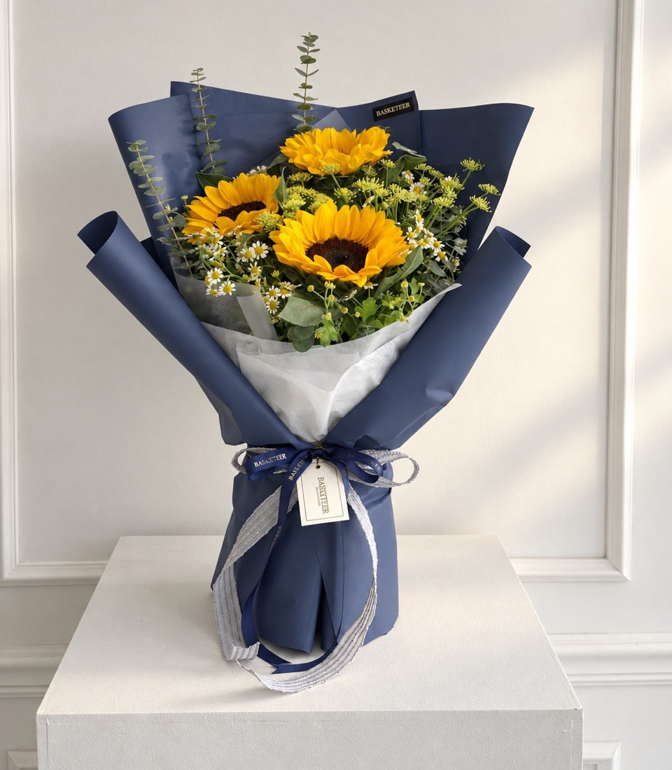 Sunny Smile Sunflower Bouquet in Navy Wrap