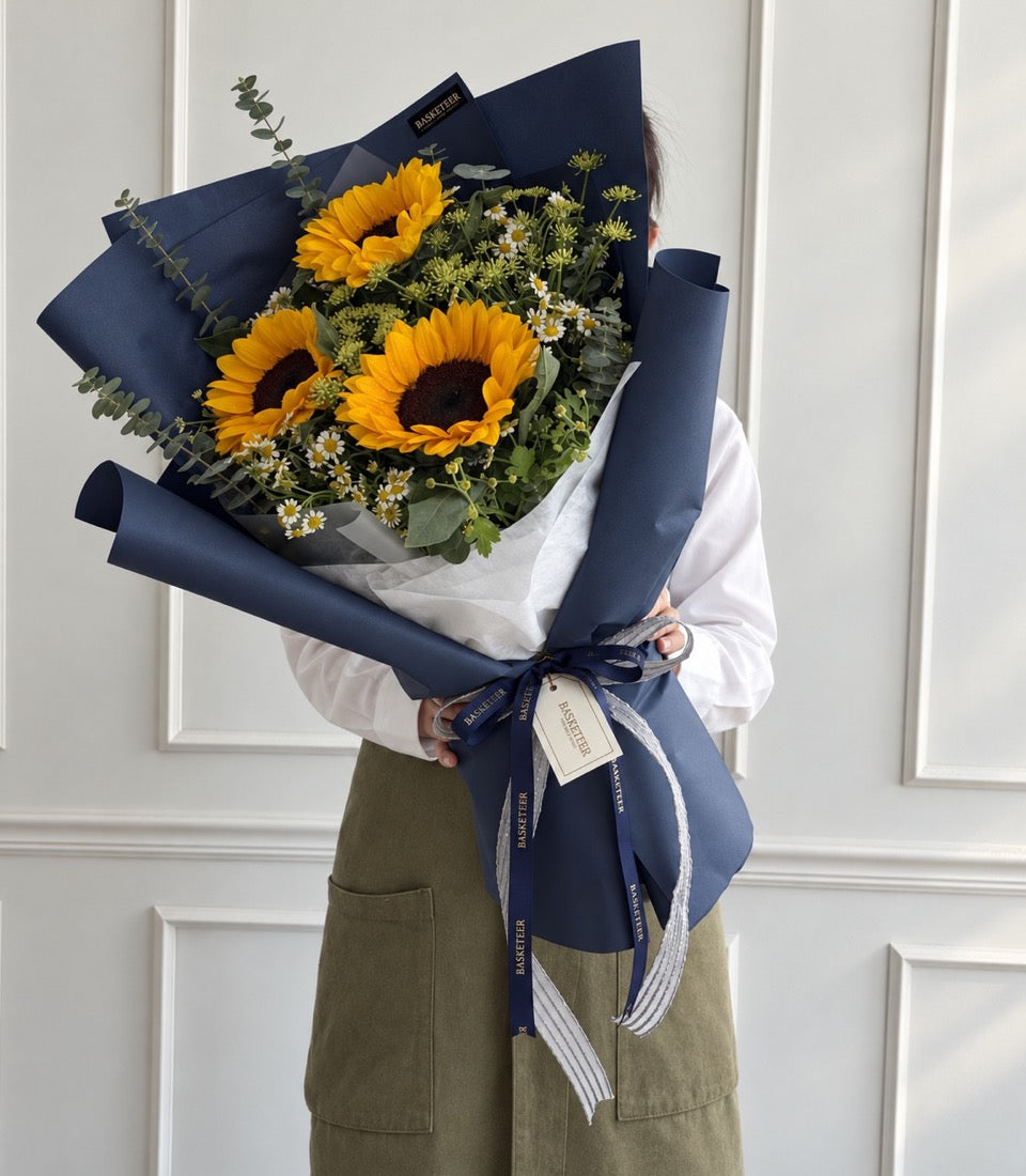 Sunny Smile Sunflower Bouquet in Navy Wrap