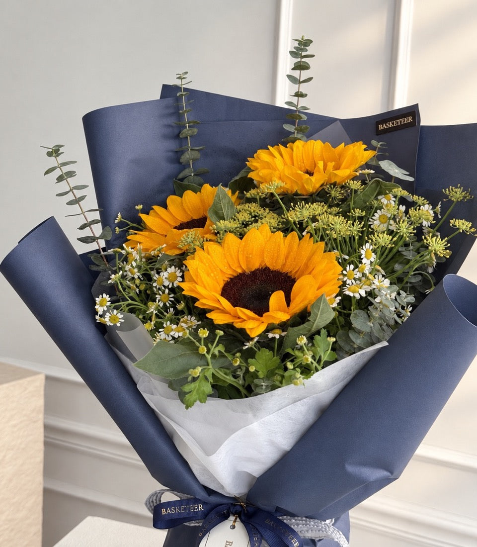 Sunny Smile Sunflower Bouquet in Navy Wrap
