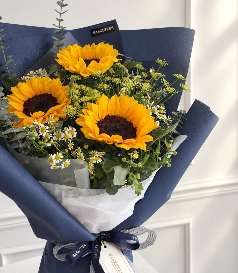 Sunny Smile Sunflower Bouquet in Navy Wrap